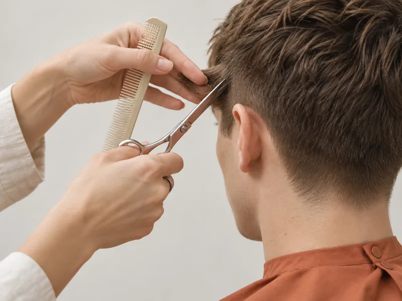 Coiffeuse qui coupe les cheveux d'un homme aux ciseaux et au peigne
