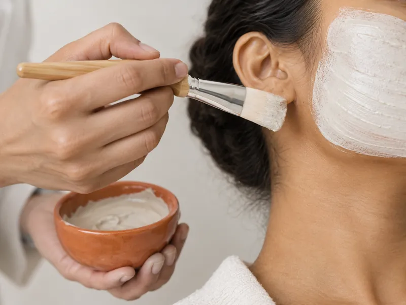 Esthéticienne qui applique un masque au pinceau sur la joue d'une cliente